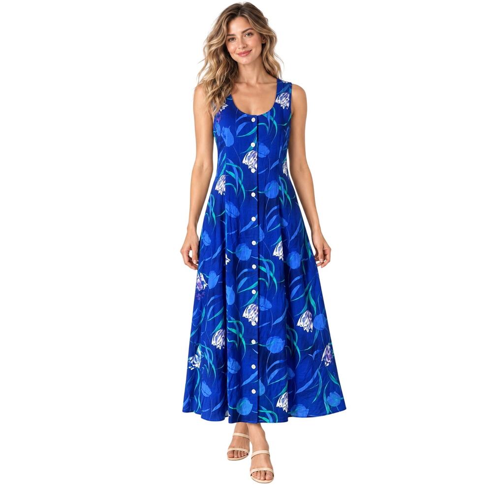 Vintage Dress Barn Dress Womens 10 Blue Floral Rayon Button Front Maxi 90s